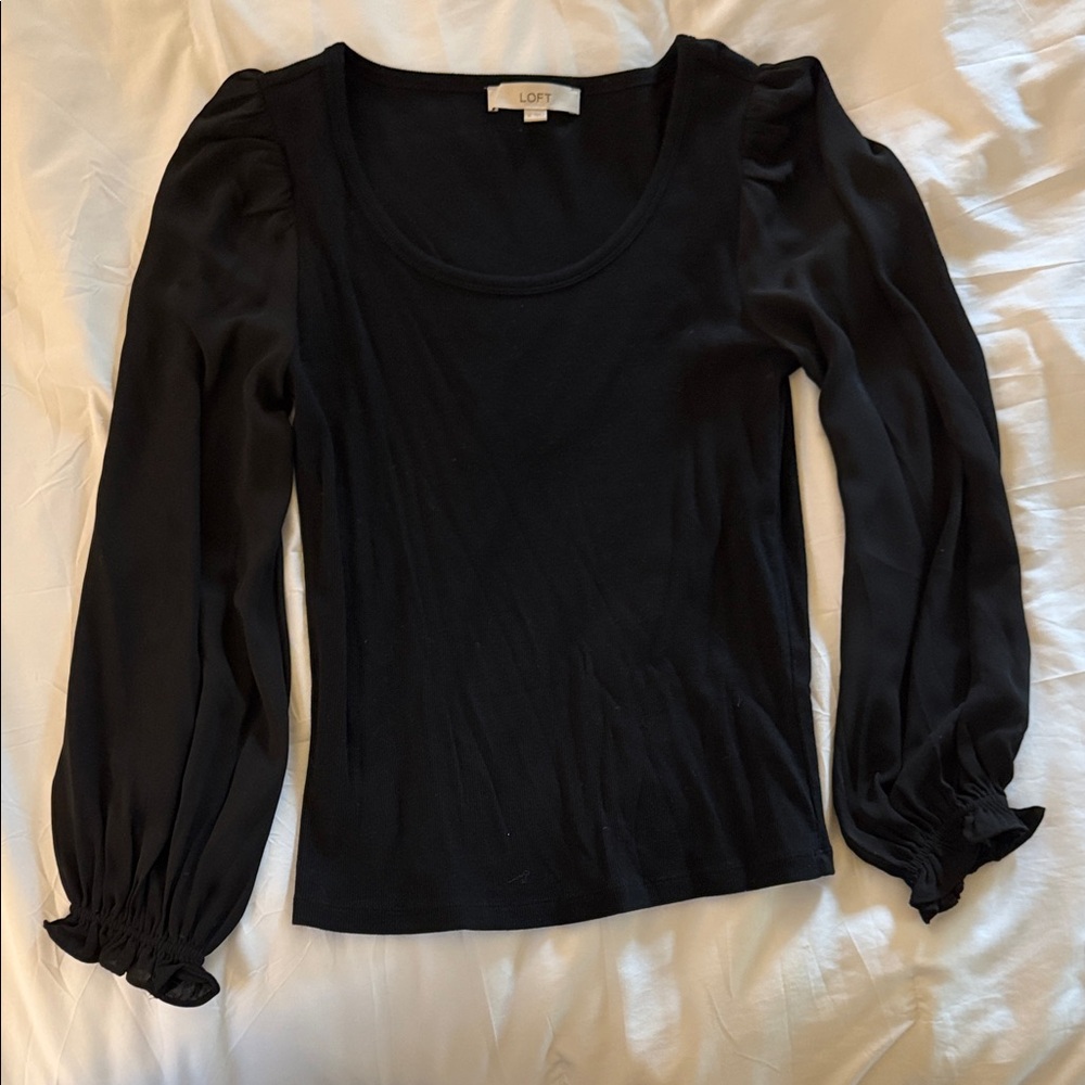 LOFT Black Scoop Neck Long-Sleeve Top with Sheer Sleeves